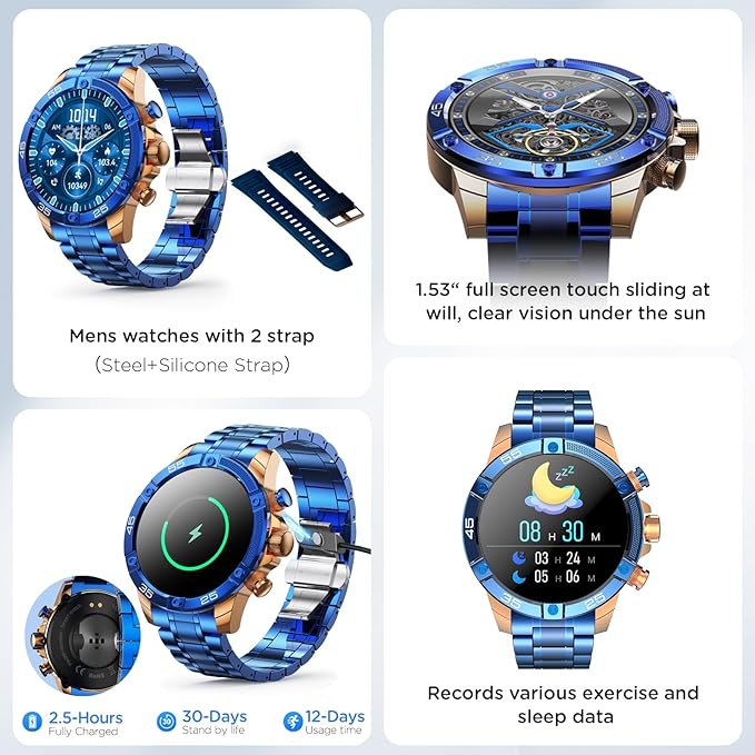Mens Smart Watch 1.53" Fitness Tracker w/Heart Rate & Sleep Monitor, 7-Day Battery, IP67 Waterproof, Bluetooth Calls/Notifications, 100+ Sports Modes for Men Women (Blue)