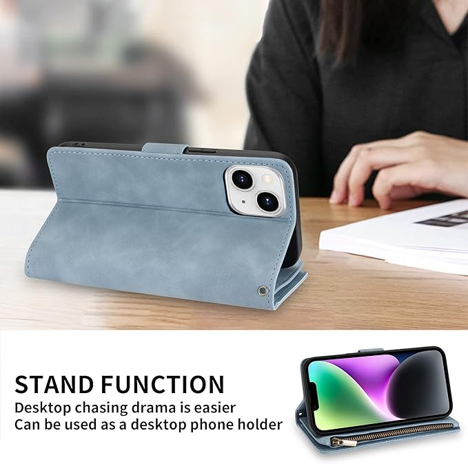 ZZXX iPhone 14 Case Wallet with [RFID Blocking] Card Slot Premium Soft PU Leather Zipper Flip Folio with Wrist Strap Kickstand Protective Phone Cover for iPhone 14 Wallet Case(Light Blue-6.1 inch)