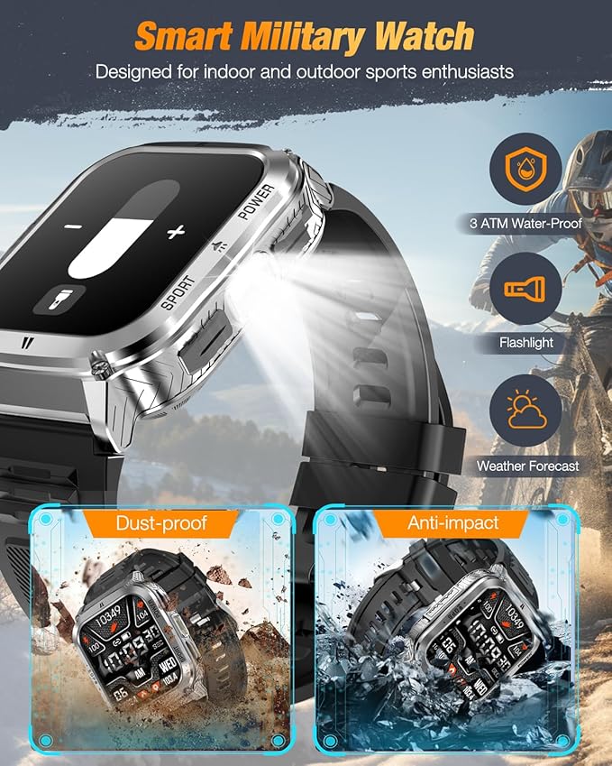 Military Smart Watches for Men - 1.83" GPS Smartwatch with Flashlight, Heart Rate, Sp02, Sleep Monitor, Bluetooth Call, Fitness Tracker for Android Phones & iPhone,Outdoor Sports Watches,Silver