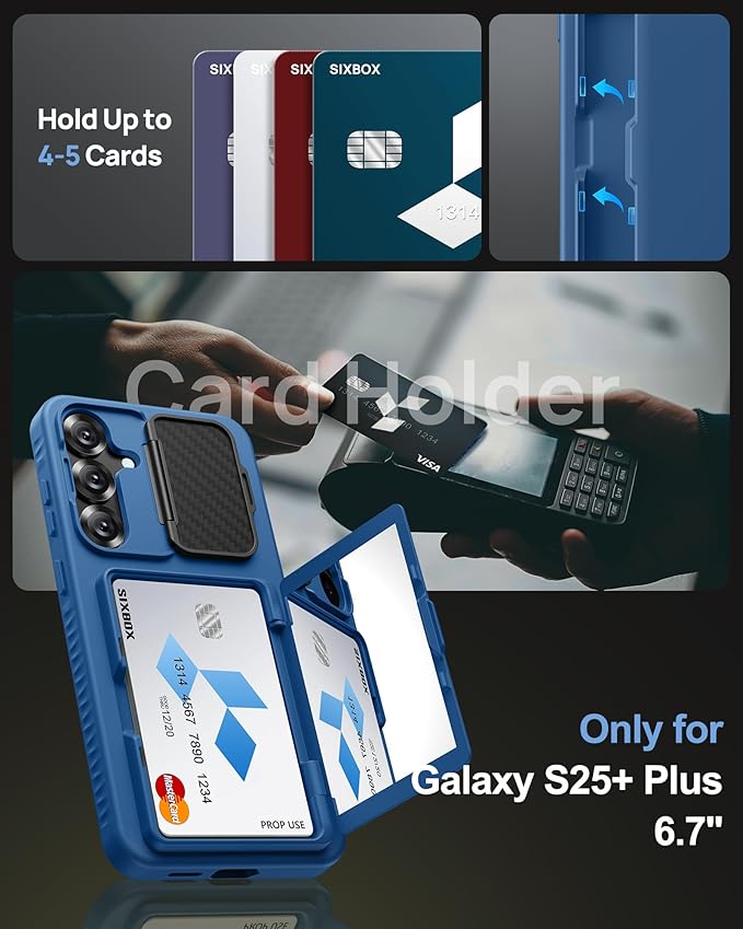 for Samsung Galaxy S25+ Plus Case with Card Holder, Built-in Stand & Camera Lens Cover, Shockproof Rugged Silicone Raised Edge Protective Wallet Phone Case for Samsung S25+ Plus 2025, Blue