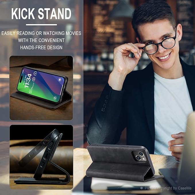 for iPhone 15 Plus Case, Flip Wallet Leather Case with Card Holder Magnetic Closure Shockproof Kickstand Protective Phone Cases Cover for iPhone 15 Plus, Black