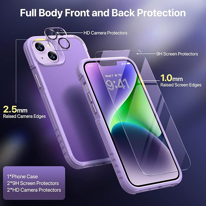 Diaclara [5 in 1 Shockproof Designed for iPhone 14 Case, with 2 Pack Tempered Glass Screen Protector + 2 Pack Camera Lens Protector, Protective Phone Case for iPhone 14 6.1 Inch(Pale Purple)