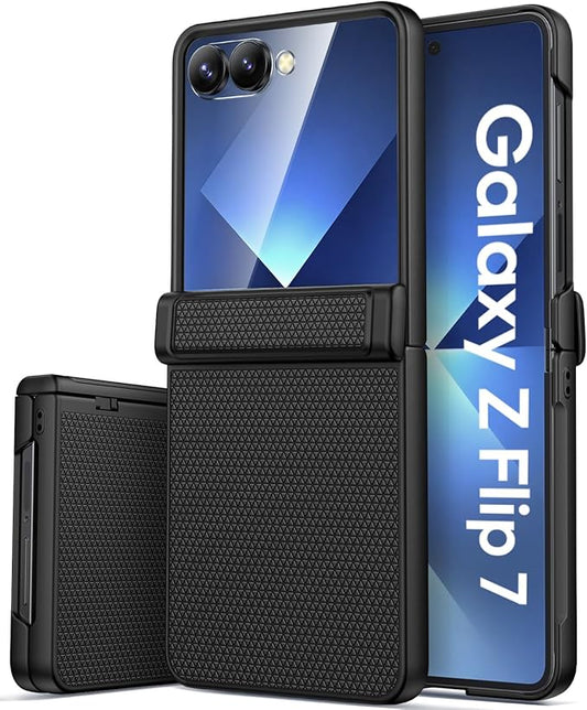 Vihibii for Samsung Galaxy Z Flip 7 Case with Outer Screen Protector & Rugged Hinge Protection & Non-Slip Texture, Shockproof Sturdy Full Body Phone Cover Case for Samsung Galaxy Z Flip 7 2025, Black