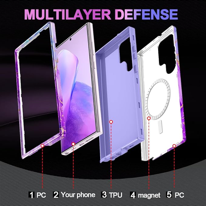 Casetego for Galaxy S23 Ultra Case,Compatible with MagSafe,[Military Grade Drop Test] Full Body Protection Slim Shockproof Rugged Marble Women Case for Samsung Galaxy S23 Ultra 6.8 inch,Bright Purple