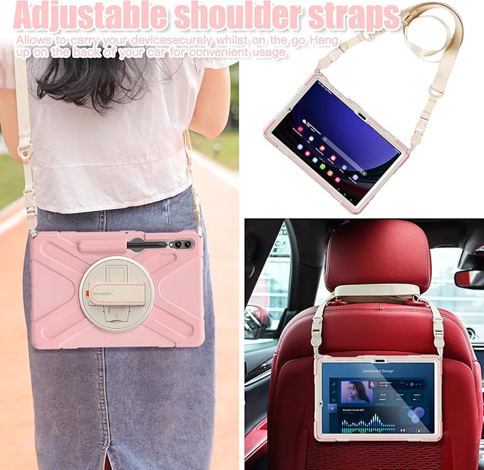 BRAECNstock for Samsung Galaxy Tab S10+ Plus/ S9 FE+ Plus/ S9+ Plus/ S8+ Plus/ S7 FE/ S7+ Plus 5G Case 12.4" Shockproof Protective Kids Cover with Rotating Hand Strap & Stand Pen Holder - Sakura Pink