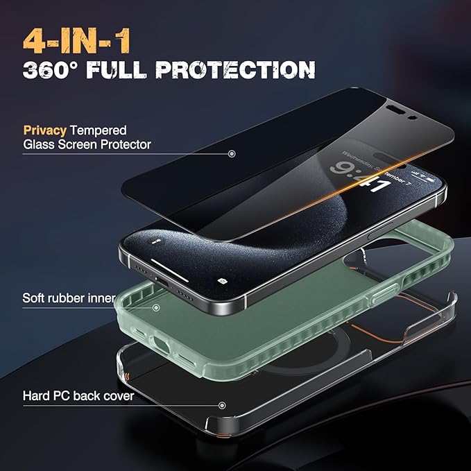 Diaclara Designed for iPhone 15 Pro Max Case, [with Privacy Screen Protector] [Anti Spy] [Military Grade Drop Protection] Heavy Duty Full-Body Shockproof Phone Case,Clear with Stand