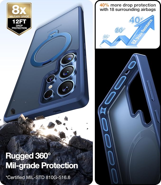 TORRAS 360° Spin Magnetic Stand for Samsung Galaxy S25 Ultra Case, Fit for Magsafe, Mil-STD Slim Protective S25 Ultra Case with Kickstand Rotatable, Aesthetic for Women Men, Ostand Spin, Navy Blue