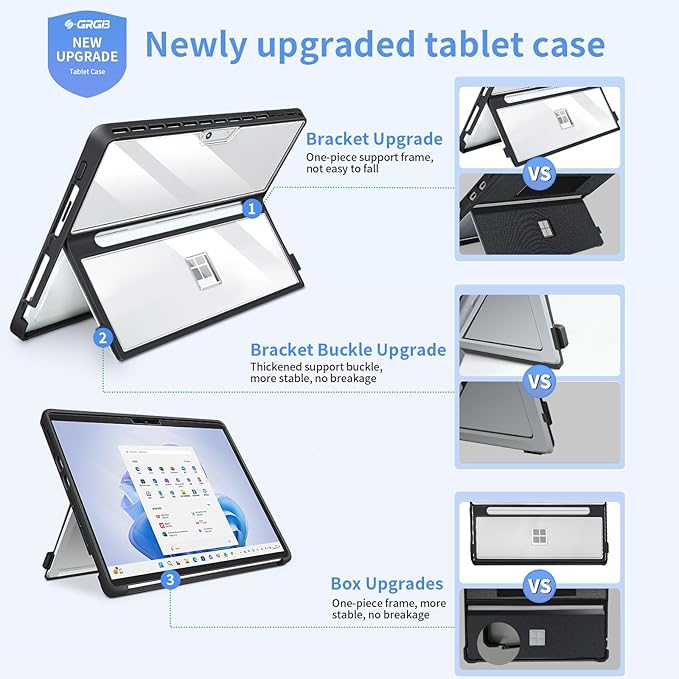 Case Updated Version fit Microsoft Surface Pro 11/10/9/8 13-Inch, All-in-one Rugged Case Compatible with Type Cover Keyboards,Semi-Translucent