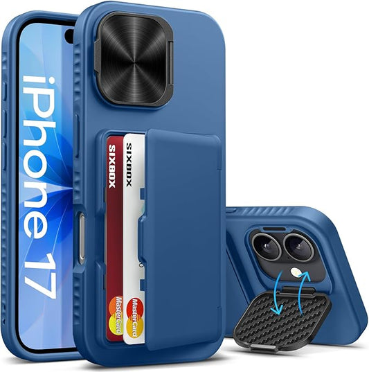 for iPhone 17 Case with Card Holder, Built-in Stand & Camera Lens Cover, Shockproof Rugged Silicone Bumper Raised Edge Protective Wallet Phone Case for iPhone 17 6.3" 2025, Blue