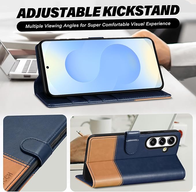 TUCCH Case Wallet for Galaxy S25 FE, PU Leather Magnetic Kickstand [RFID Blocking] 4 Card Slot Folio Flip Cover with [TPU Shockproof Interior Shell] (6.7") 2025, Blue & Brown