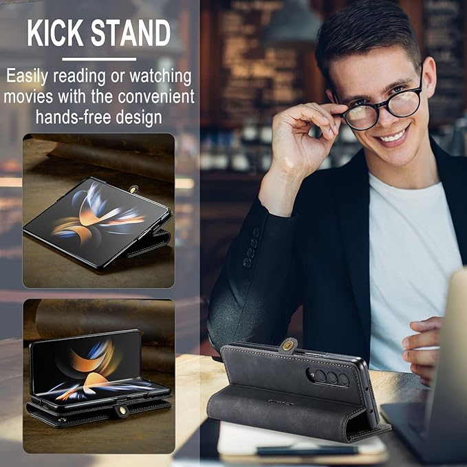 for Samsung Galaxy Z Fold4 Case, Flip Wallet Leather Case with Card Holder Magnetic Closure Shockproof Kickstand Protective Phone Cases Cover for Samsung Galaxy Z Fold4,Black