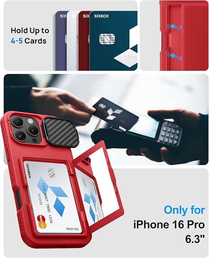 Kickstand Designed for iPhone 16 Pro Case with Card Holder & Camera Cover Stand, Heavy Duty Military Grade Protection Rugged Adjustable Stand Wallet Phone Case for iPhone 16 Pro 6.7", Red