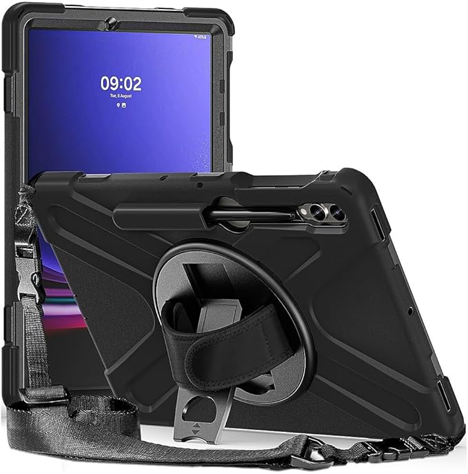 Sahara Defense-X Series Case for Samsung Galaxy Tab S10+, S9+, S9 FE+, S8+, Black, Rugged Shockproof Protective Cover with Hand Strap, Kickstand, Shoulder Strap, Hard Shell (TB00334)
