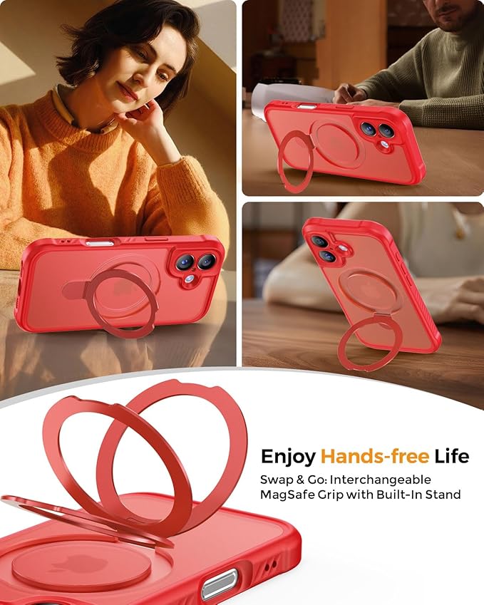 MOCCA Compatible with iPhone 17 Case with Magnetic Invisible Stand [Full Camera Protection] [Compatible with Magsafe] Military Drop Shockproof Translucent Matte Phone Case Cover 6.3",Red