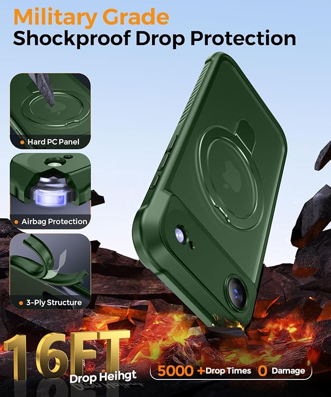 MOCCA Compatible with iPhone Air Case with Magnetic Invisible Stand [Full Camera Protection] [Compatible with Magsafe] Military Drop Shockproof Translucent Matte Phone Case Cover 6.5",Dark Green