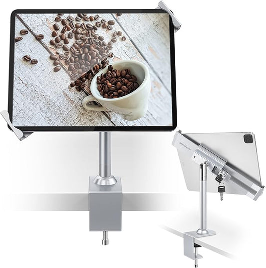 AboveTEK Anti Theft Locking Tablet Stand Holder - 360/320 POS Swivel - Lockable Tablet Security Stand Lock, Desktop Table Clamp Mount Fits 7 to 11 Inch iPad Fire Microsoft Galaxy Tab Google (Silver)