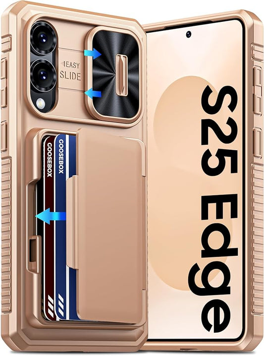 for Samsung Galaxy S25 Edge Case Wallet with RFID [Cards Holder][Camera Cover][Edge Raised] Full Body Shockproof Silicone Protective Phone Case for Galaxy S25 Edge 2025 (Champagne Gold)