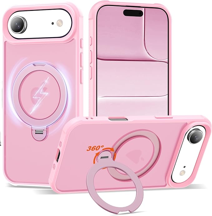Compatible with iPhone 17 Air Case with Invisible Magnetic 360°Spin Stand,Military-Grade Shockproof Protection [Compatible with Mag-Safe] Non-Slip Edge Translucent Case (6.5",Pink)