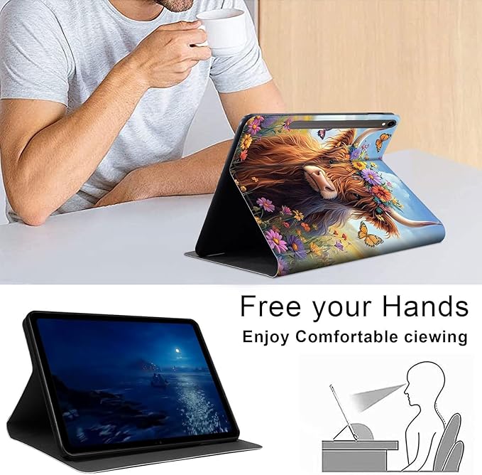 Case for Samsung Galaxy Tab S10 FE/ S9 FE 5G 10.9 Inch/Tab S9 11 Inch, Slim PU Leather Stand Cover with Auto Wake/Sleep, Multi-Angle Viewing & Shockproof, Cute Highland Cow