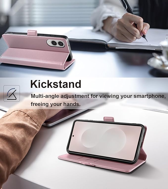 Wallet Flip Case for Samsung Galaxy S25 Edge 5G - [RFID Blocking] Luxury PU Leather Card Holder Magnetic Phone Cover with Kickstand,Shockproof Protective Case,Pink