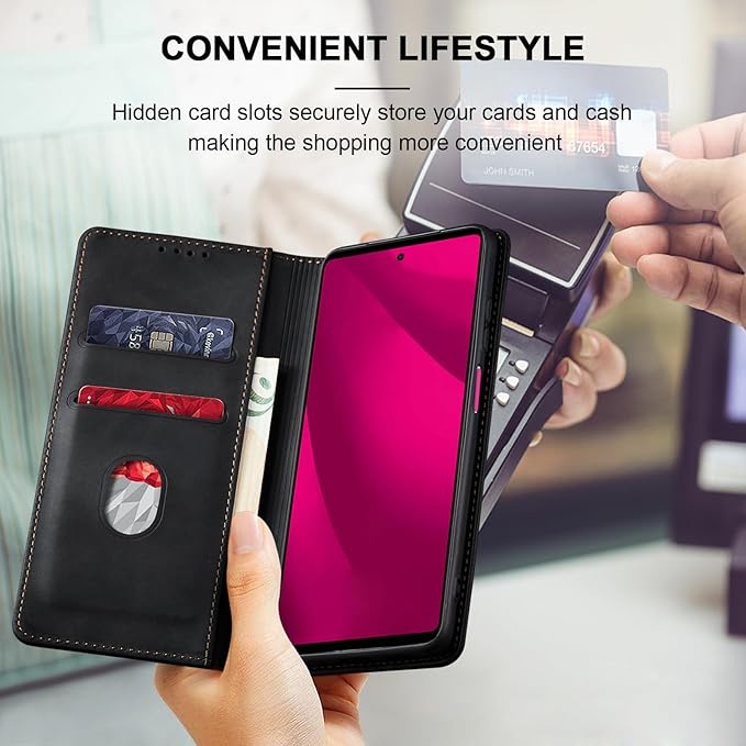 Jasonyu Flip Wallet Case for T-Mobile Revvl 7 Pro,Leather Magnetic Folio Cover with Card Holder,Kickstand - TPU Shockproof Durable Protective Phone Case,Black