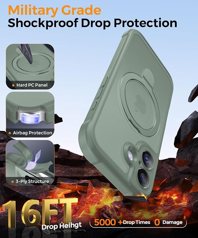 MOCCA Compatible with iPhone 17 Case with Magnetic Invisible Stand [Full Camera Protection] [Compatible with Magsafe] Military Drop Shockproof Translucent Matte Phone Case Cover 6.3",Calke Green