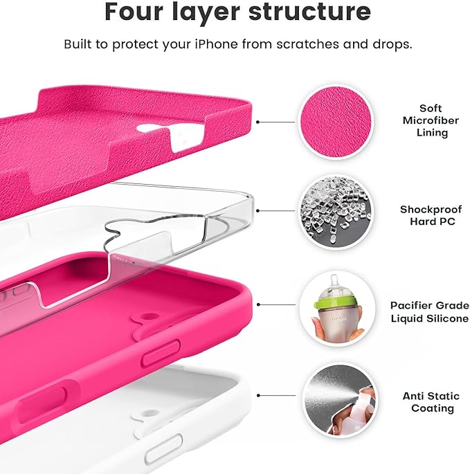 Vooii Compatible with iPhone 16 Plus Case, Liquid Silicone Upgrade [Camera Protection] [Soft Anti-Scratch Microfiber Lining] Shockproof Phone Case for iPhone 16 Plus 6.7 inch - Hot Pink