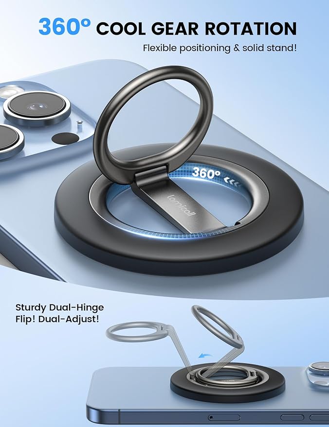 Lamicall for MagSafe Magnetic Phone Grip Stand - [Upgrade Dual-Hinge] Finger Ring Holder, 360° Rotation Phone Kickstand Super Magnet Ring, Mag Safe Accessories for iPhone 17 16 Pro Max Air, Androids