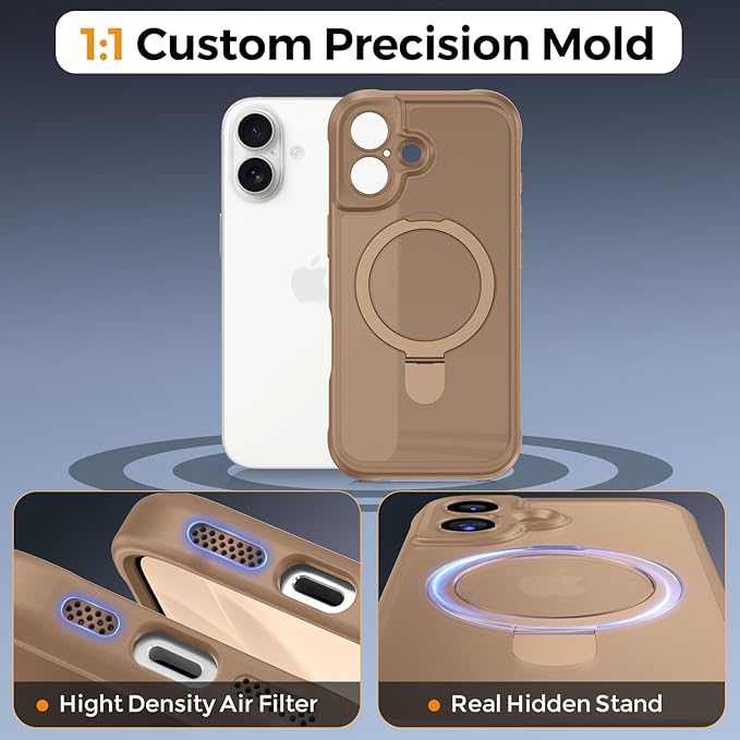 MOCCA Compatible with iPhone 17 Case with Magnetic Invisible Stand [Full Camera Protection] [Compatible with Magsafe] Military Drop Shockproof Translucent Matte Phone Case Cover 6.3",Brown