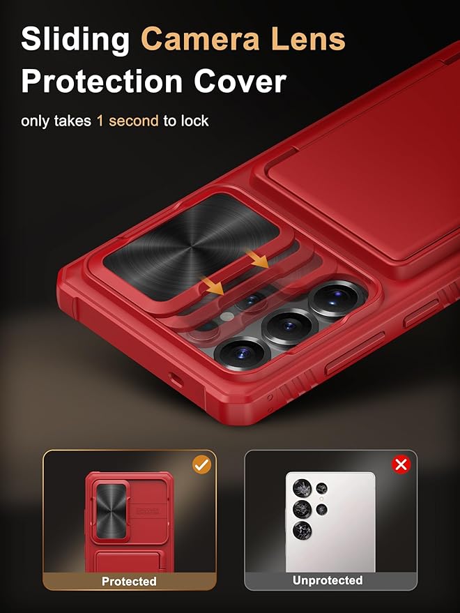 Vihibii for Samsung Galaxy S25 Ultra Wallet Case with Card Holder (4 Cards), [RFID Blocking] & Slide Camera Lens Cover & Raised Edges Protect Screen, Shockproof Cover for Samsung Galaxy S25 Ultra, Red