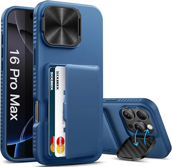 for iPhone 16 Pro Max Case with Card Holder & Kickstand, Built-in Camera Lens Cover, Shockproof Rugged Silicone Raised Edge Protective Stand Wallet Phone Cover Case for 16 Pro Max 6.9", Blue