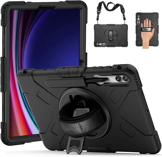SUPFIVES Case for Samsung Galaxy Tab S10 Plus 12.4 Inch 2024: Tab S9 Plus 12.4 Case with Screen Protecor/S-Pen Holder/Handle/Rotating Kickstand/Shoulder Strap- Black