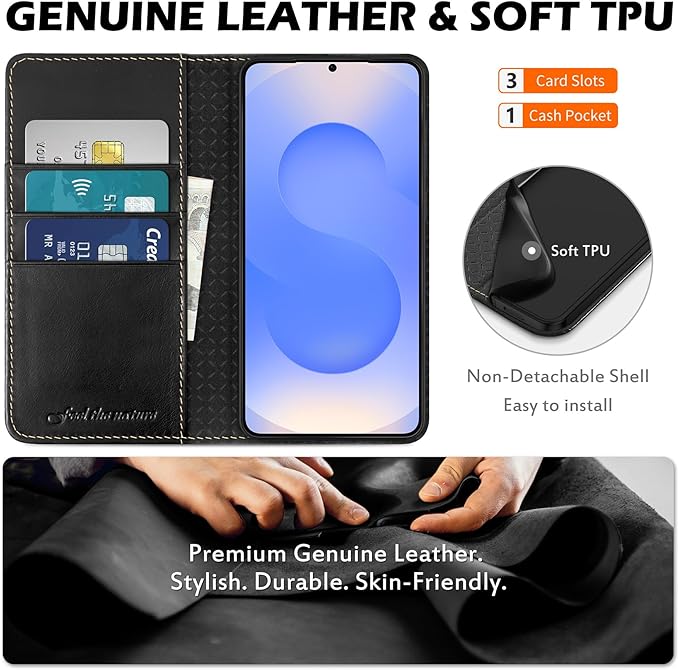 SHIELDON Case for Galaxy S25 FE 6.7" 2025, Genuine Leather Flip Wallet Case RFID Blocking Card Holder Magnetic Stand Shockproof Protective Cover Compatible with Galaxy S25 FE 5G - Retro Black