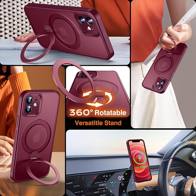 360° O-Ring MagStander for iPhone 12 Case, iPhone 12 Pro Case with Magnetic Stand Ring Holder [Compatible with MagSafe] [Military Shockproof] Kickstand iPhone 12/12 Pro Phone Cover Burgundy
