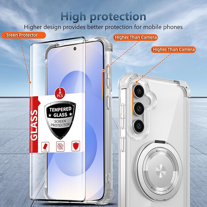 Magnetic for Samsung Galaxy S25 Case Compatible with MagSafe Wireless Charging,with Screen Protector,S25 Phone Case Built-in 360° Kickstand Ring,Shockproof Military Grade Drop Protection Clear