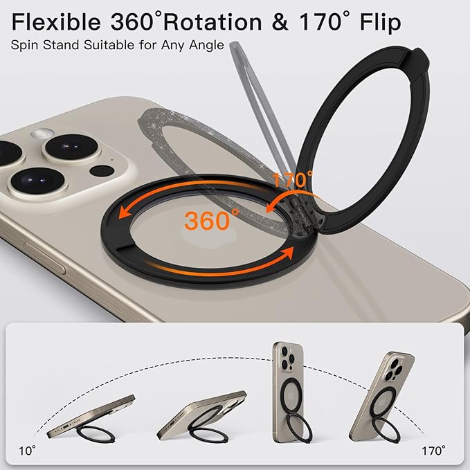 COOLQO Upgraded Magnetic Phone Ring Holder Stand, Super Magnet Cell Phone Grip Finger Kickstand Compatible with MagSafe Mag Safe Accessory for iPhone All Smartphones (1-Glitter Black)