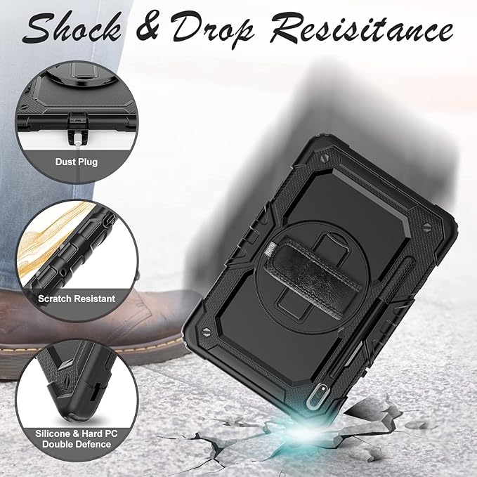Case for Samsung Galaxy Tab S8/S7 11-inch 5G Tablet Case 2022/2020, [with Tempered Glass Screen Protector],360° Rotating Kickstand/Hand & Shoulder Strap/S Pen Holder (Black)