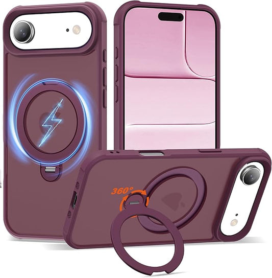 Compatible with iPhone 17 Air Case with Invisible Magnetic 360°Spin Stand,Military-Grade Shockproof Protection [Compatible with Mag-Safe] Non-Slip Edge Translucent Case (6.5",Wine Red)