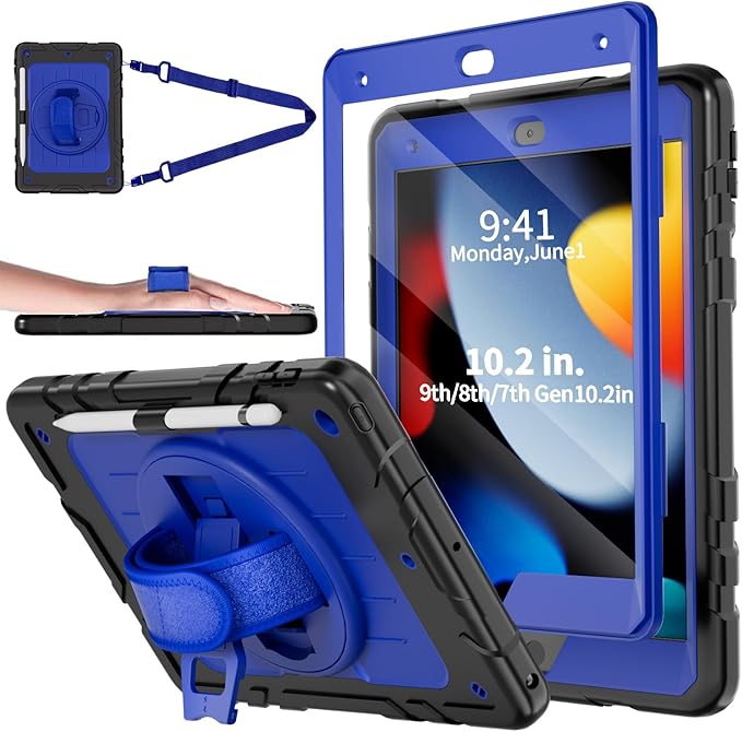 Case for iPad 9th/8th/7th Generation-Built-in Screen Protector,with Pencil Holder&360°Rotating Hand Strap,Shoulder Strap,Case for iPad 10.2 inch 2021-2019(Black/Blue)