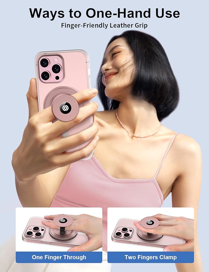 EWA MagOne Ultra (Plate Edition) Phone Grip Stand with Leather Finger Strap, Removable Magnetic Ring Holder Kickstand Loop, Double-Sided Magnetic Accessories for Phone-Rosegold