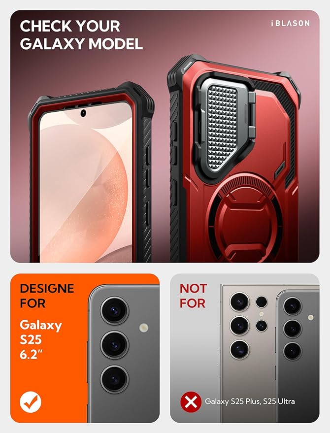 i-Blason for Samsung Galaxy S25 Case with Camera Cover Stand [MagSafe Compatible] [Built-in Screen Protector] Full-Body Military-Grade Protection Rugged Magnetic Phone Case for S25 6.2'', Red