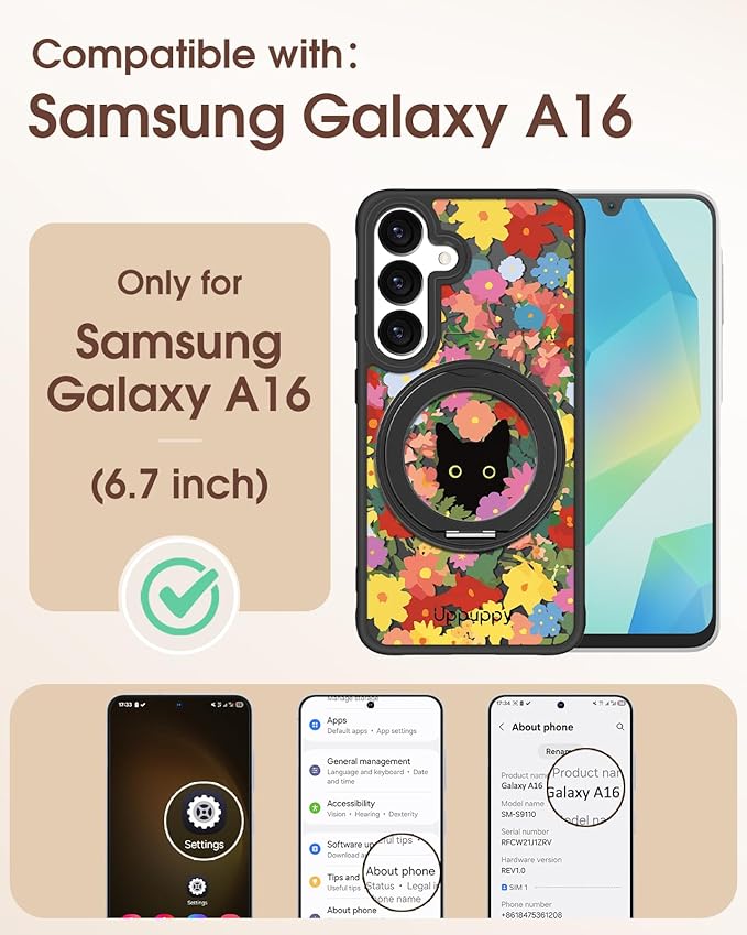 for Samsung Galaxy A16 4G/5G Case with 360° Rotatable Magnetic Ring - Semi-Transparent Anti-Fingerprint Soft-Touch Material Shockproof, Cute Black Cat & Flower Design for Women Girl
