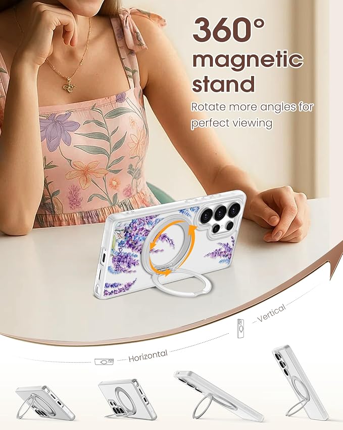 for Samsung Galaxy S25 Ultra Case with 360° Rotatable Magnetic Ring - Compatible with MagSafe, Semi-Transparent Soft-Touch Material Shockproof, Cute Purple Floral Design for Women Girl