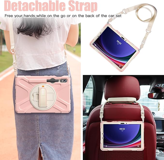 BRAECNstock for Samsung Galaxy Tab S10 Lite/ S10 FE/ S9 FE/ S9/ S8/ S7 5G Case 10.9"/11", Shockproof Protective Kids Case with Pen Holder, Rotating Hand Strap & Stand, Shoulder Strap, Sakura Pink