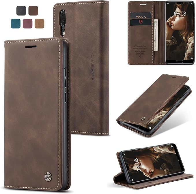 for Huawei P20 Case, Flip Wallet Leather Case with Card Holder Magnetic Closure Shockproof Kickstand Protective Phone Cases Cover for Huawei P20,Coffee