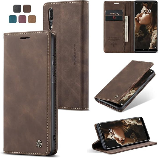 for Huawei P20 Case, Flip Wallet Leather Case with Card Holder Magnetic Closure Shockproof Kickstand Protective Phone Cases Cover for Huawei P20,Coffee