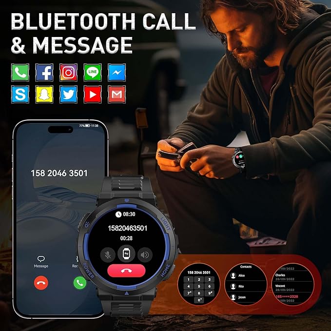 Military Smart Watches for Men (Answer/Make Calls) with LED Flashlight 3ATM Waterproof Smartwatch with 100+ Sports Modes 1.53" Fitness Tracker with Heart Rate Monitor for iPhone Android