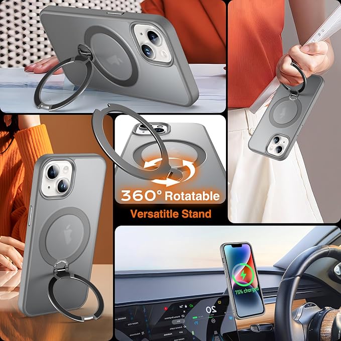 360° O-Ring MagStander for iPhone 13 Case, iPhone 14 Case with Magnetic Stand Ring Holder [Compatible with MagSafe][15FT Military Shockproof] Kickstand iPhone 13/14 Phone Cover Matte Grey