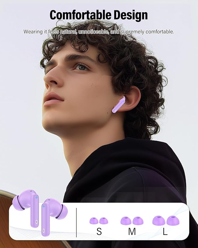 Wireless Earbuds, Bluetooth 5.4 Headphones Bass Stereo, Ear Buds with Noise Cancelling Mic, IP7 Waterproof in Ear Earphones, 36H LED Display Bluetooth Earbuds for Laptop Pad Phones Sports, Purple