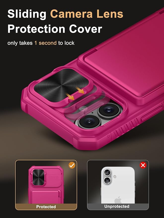 Vihibii for iPhone 16 Case Wallet with Card Holder (4 Cards) [RFID Blocking] & Slide Camera Cover & Raised Edges Protect Screen, Shockproof Rugged Phone Cover for iPhone 16 6.1" 2024, Pink